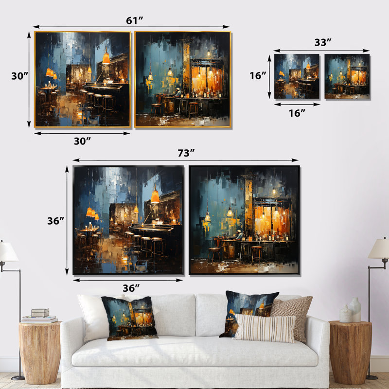 Night Jazz Serenade I - Jukeboxes, ensemble de 2 toiles d'art mural, Cadre flottant doré, H 30 po x l 61 po x P 1 po