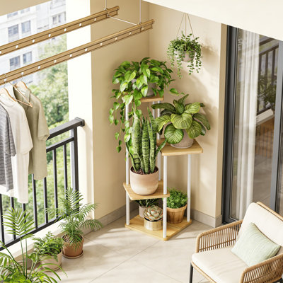 Grand support à plante de coin avec 4 tablettes à plusieurs niveaux pour plantes multiples, tablette intérieure en métal et en bois peu encombrante pour le salon, la chambre à coucher, le balcon ou le patio