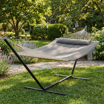 Double Outdoor Hammock With Stand, 2 Person Cotton Rope Hammock With Polyester Pad, Dark Gray