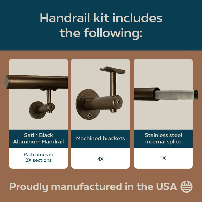 Industrial Aluminum 1.5 Inch Round Complete Indoor/Outdoor Handrail Grab Bar Kit, 96" W, Bronze