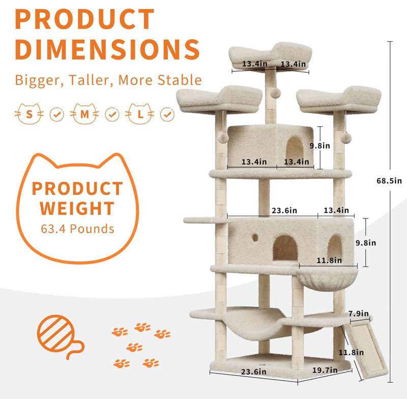 Très haute tour d'arbre à chat 68 po pour grands chats de plus de 20 lb, condo à plusieurs niveaux avec poteaux à griffer en sisal, perchoirs moelleux, hamacs, paniers, jouets suspendus et plateformes