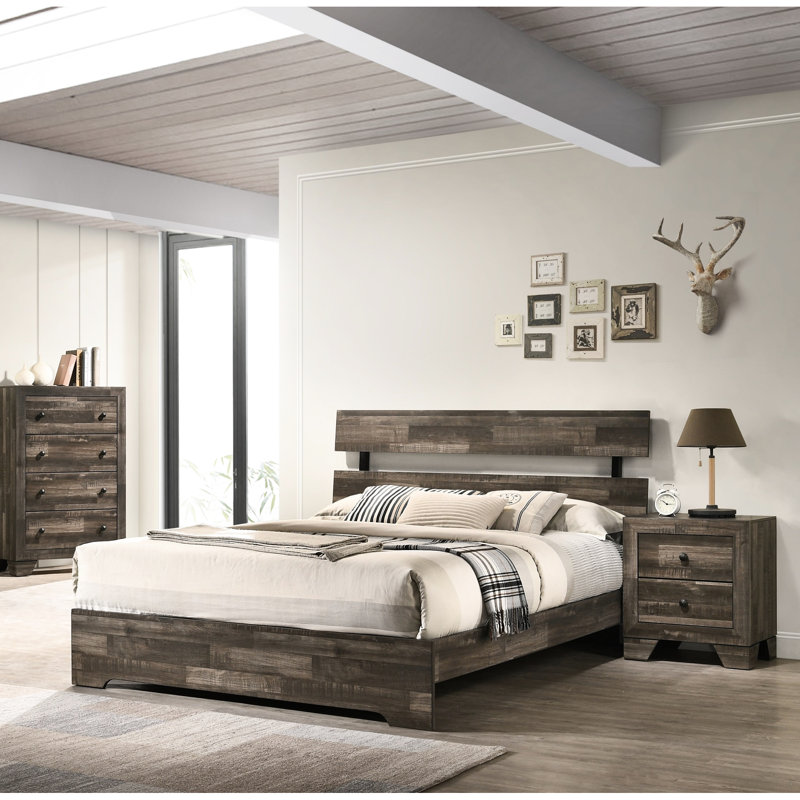 Rustique, lit plateforme double, base de lit à profil bas, finition brune, style contemporain, bois massif, Lit double