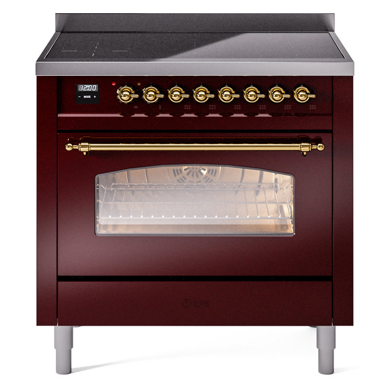 ILVE Nostalgie II Series 36 inch Induction Range with 6 Induction Elements (Glass Door), Burgundy/Brass