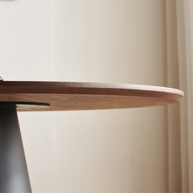 Walnut-colored patterned round dining table, 29.52"H x 43.3"L x 43.3"W