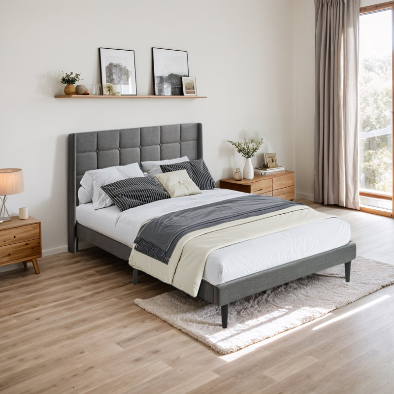 Button-Tufted Linen Upholstered Bed, Queen, Dark Gray 2