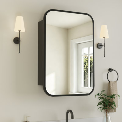 Armoire à pharmacie avec rebords arrondis noirs l 16 po x H 24 po avec miroir incassable, cadre en métal durable et tablettes réglables en verre trempé pour le rangement de maquillage, de rasage ou de meuble-lavabo