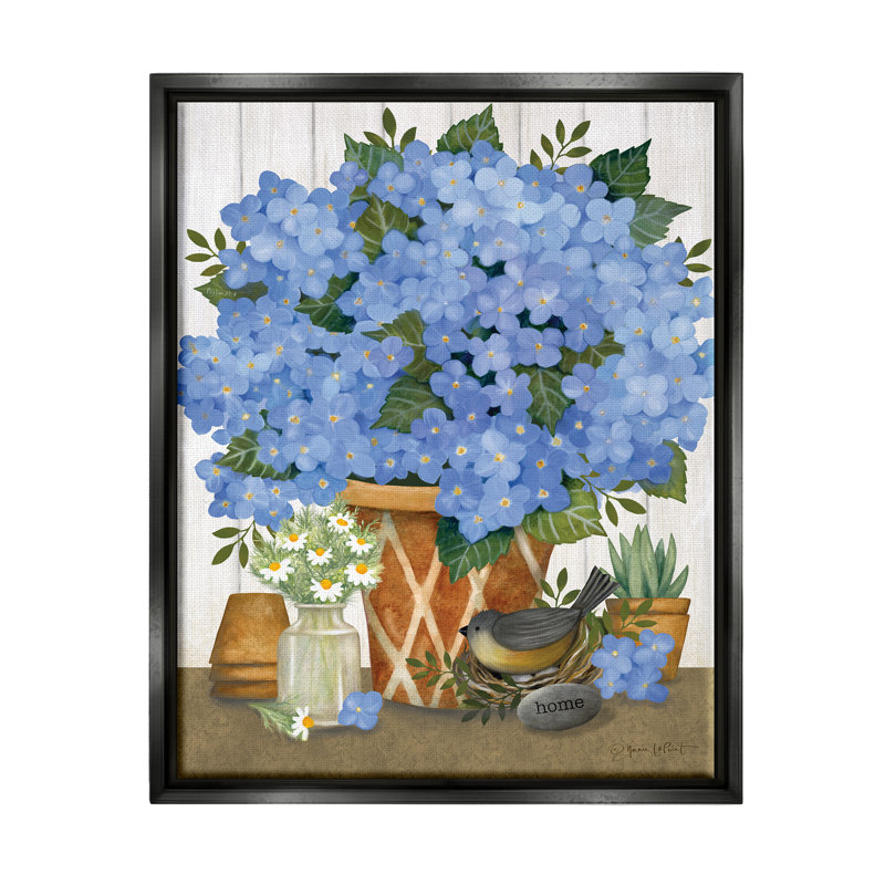 «Blue Hydrangeas Country Arrangement Floater», art mural par Annie Lapoint, Cadre flottant noir de jais