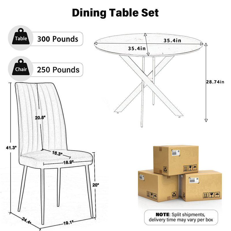 Round Modern Kitchen Dining Table Set With Minimalist design style Velvet Dining Chair, 5 Pieces: Table, 4 Chairs, Brown