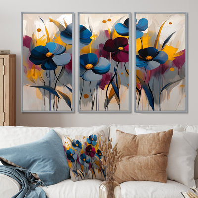 Ensemble de 3 fleurs murales rouges et bleues - bleuet pour salon - ensemble de 3