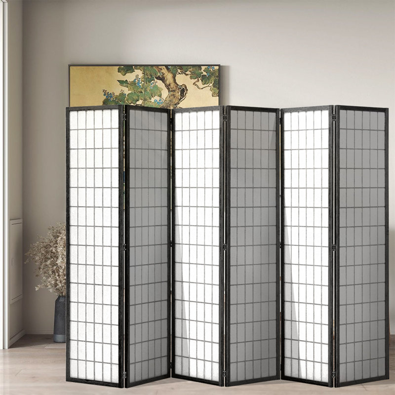 Wallaston 270cm W x 180cm H 6-Panel Solid Wood Folding Room Divider Screen, Black