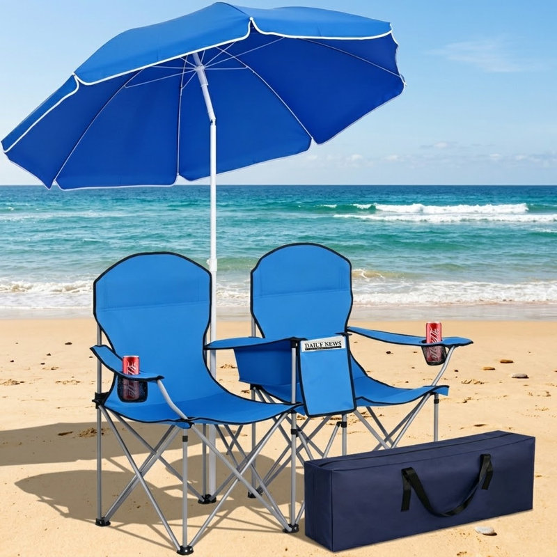 Chaise d'extérieur à double siège avec parasol, Bleu