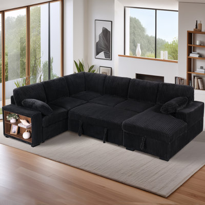 U-shaped Corduroy Sectional Sofa Bed Pull Out Sleeper with Large Storage Chaise and Armrest Storage by Mercer41