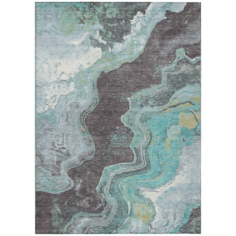 Machine Washable Indoor/Outdoor Xhevrie Teal Rug