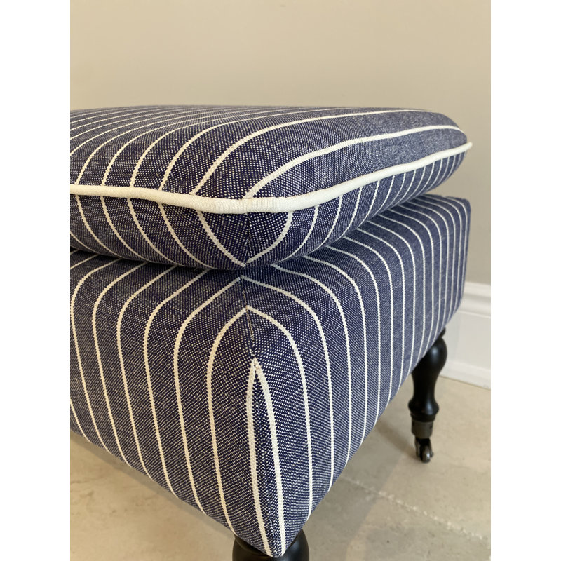 SEAT4U Prebe Bedroom Linen Ticking Stripe Fabric Upholstered Wooden Bench, Indigo