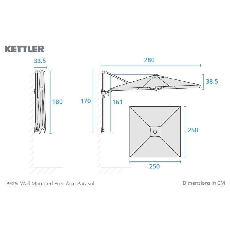 Wall Mounted 2.5M Square Free Arm Parasol, Taupe