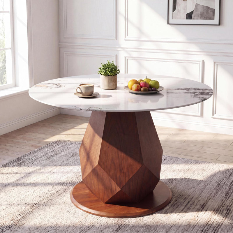 44.88"W Modern Engineered Stone Round Dining Table For 4-6 With Pedestal Base