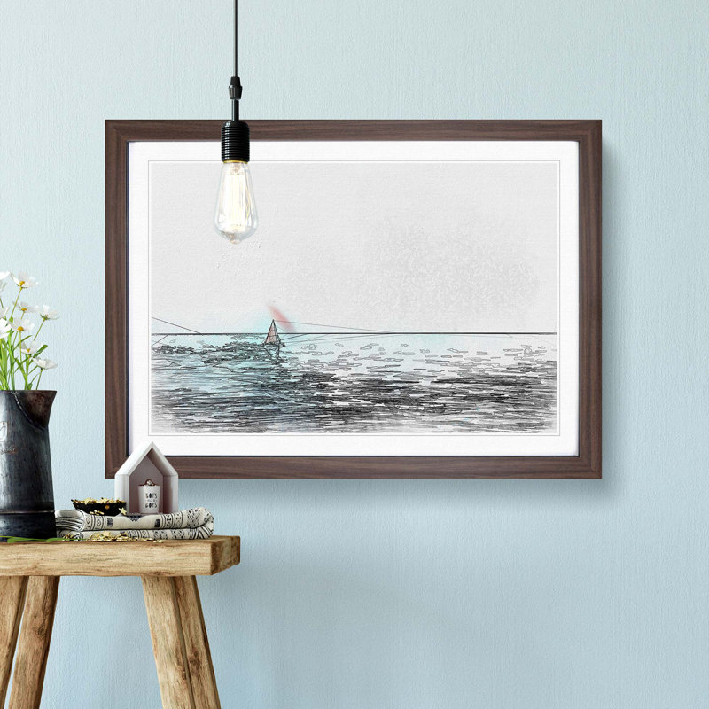 Solo Red Sailboat & Seascape in Abstract - Framed Print, 62cm H x 87cm W x 2cm D, Walnut Framed