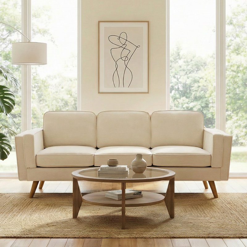Havens 84'' Mid-Century Modern Upholstered Sofa, Solid Wood Frame & Legs, 3-Seat Couch for Living Room, Beige Chenille