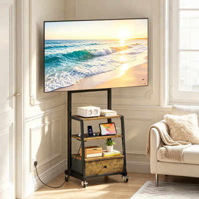 Meuble télé sur roulettes avec support et tiroir en tissu, centre de divertissement mobile avec prise de courant, chariot de télévision réglable en hauteur pour téléviseurs de 32 à 55 po, petit meuble télé avec roues verrouillables pour la chamb