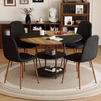 Ensemble de table et de chaises, table de salle à manger moderne épissure circulaire - rangement double couche, jumelée à 4 chaises de salle à manger en coton et lin avec pieds en métal