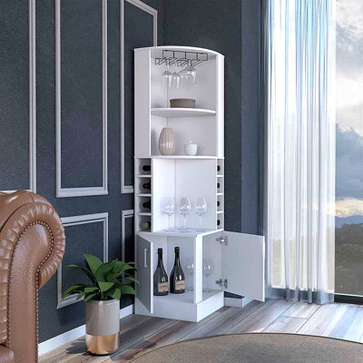Corner Bar Cabinet 71" H, With Two Shelves At The Top, 1 Glass Holder, 8 Exterior Bottle Racks, 1 Central Shelf And A Lower Drawer With 2 Side Doors
