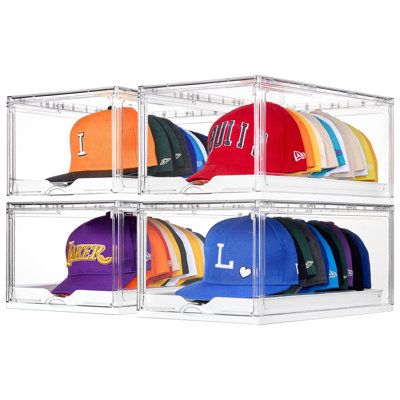 Ensemble de 4 casiers de rangement pour casquettes de baseball, boîte de rangement de chapeaux transparents avec tiroir, grand rangement avec plateau coulissant, étagère de rangement empilable avec porte magnétique, chacun pouvant contenir 12 chapeaux