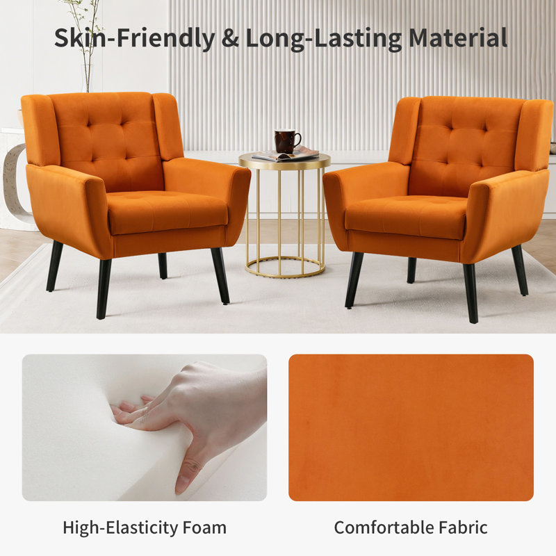 Tufted Upholstered Wide Back Armchair（Set of 2）, Orange Velvet