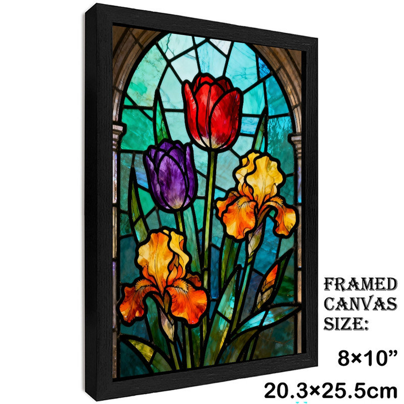 Art mural floral noir encadré noir - tulipes colorées boho et iris, H 11 po x l 9 po