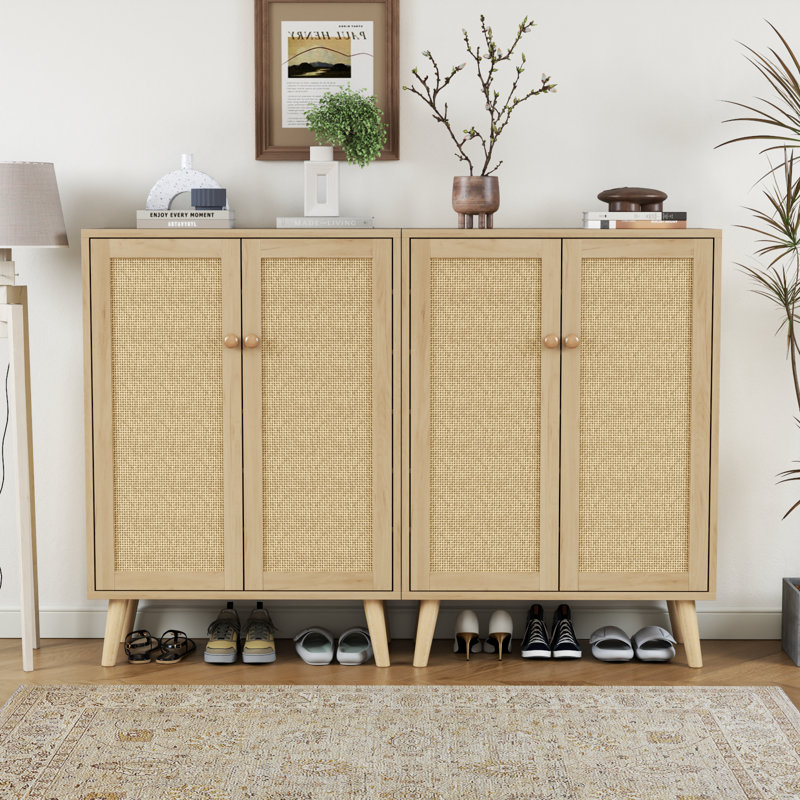 6-tiers Rattan Shoe Cabinet,  Shoe Storage Cabinet For Entryway Hallway, 2 Door Accent Cabinet With Adjustable Shelves