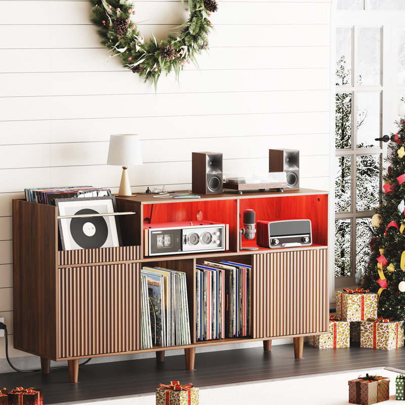 Support pour tourne-disque rétro avec lumières DEL et prises de courant - 500 tablettes de rangement en vinyle pour le salon, le bureau