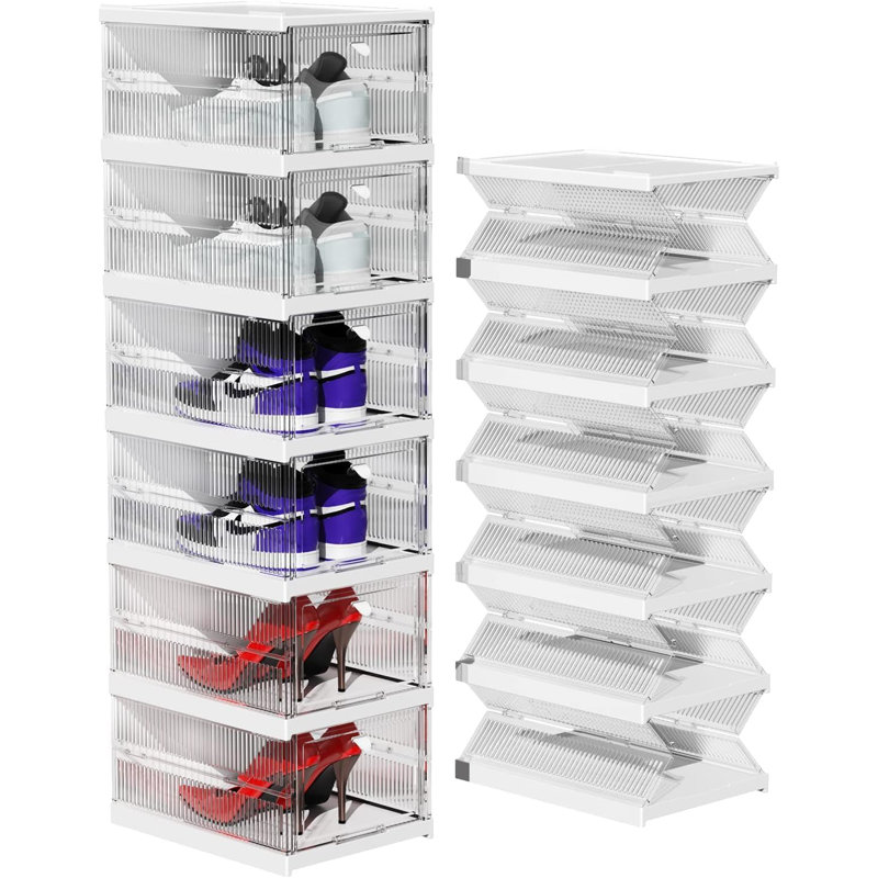 Shoe Boxes Clear Plastic Stackable, Shoe Storage Organizer Boxes Easy Installation All In One Shoe Box With Doors 6 Tier Foldable Shoe Box Space Saving For Closet Entryway Containers Bins