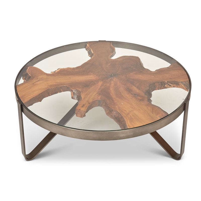Buck Rustic Teak Wood and Glass Round Coffee Table