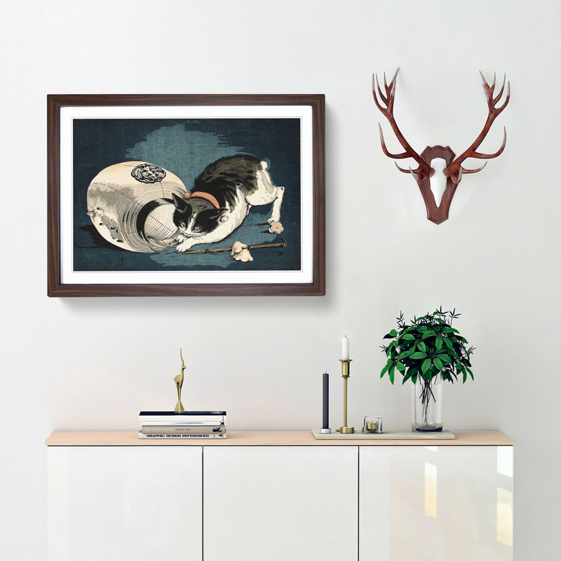 Cat with Paper Lantern by Kobayashi Kiyochika - Picture Frame Graphic Art Print, 36cm H x 48cm W x 2cm D, Walnut Framed