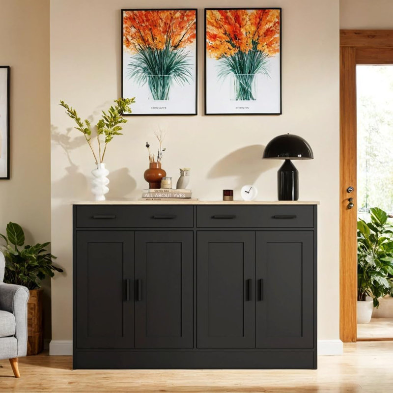 Buffet Cabinet, Coffee Bar Cabinet With 2 Drawers & 4 Doors, Kitchen Buffet Sideboard For Living Room, Kitchen, Black