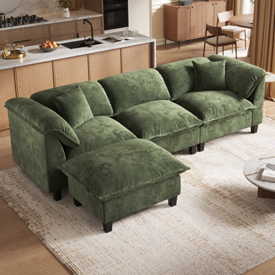  Modular Sectional Sofa With Movable Ottoman, L-shaped Couch With Removable Washable Cushion Covers, 9.8" Extra-thick Cushions, Tool-free Easy Assembly, Padded Armrests For Living Room, Green