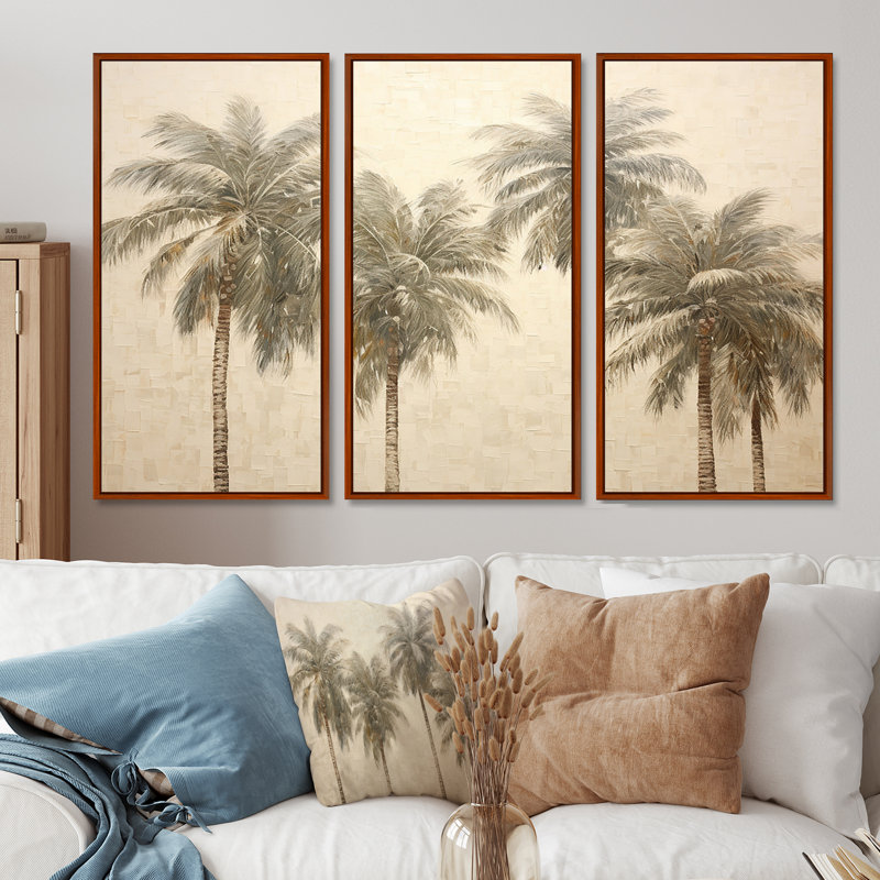Ensemble de salon mural rétro Vintage Tranquility Palm Trees I - Palmiers et palmiers, H 40 po x l 60 po, Cadre flottant brun