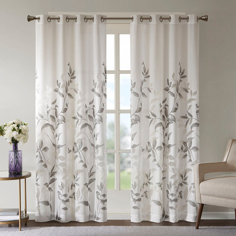 Panneau de rideau à motif floral moderne, semi-transparent et léger, Gris