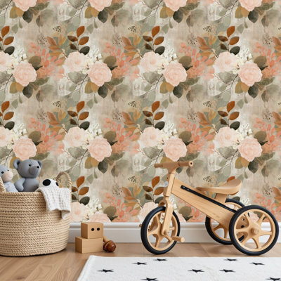 Peel and Stick PVC Wallpaper, Removable Self-Adhesive Wall Covering With Vintage Floral Wall Art Green Leaves Soft Watercolor Print, Waterproof for Home Decor - Roll
