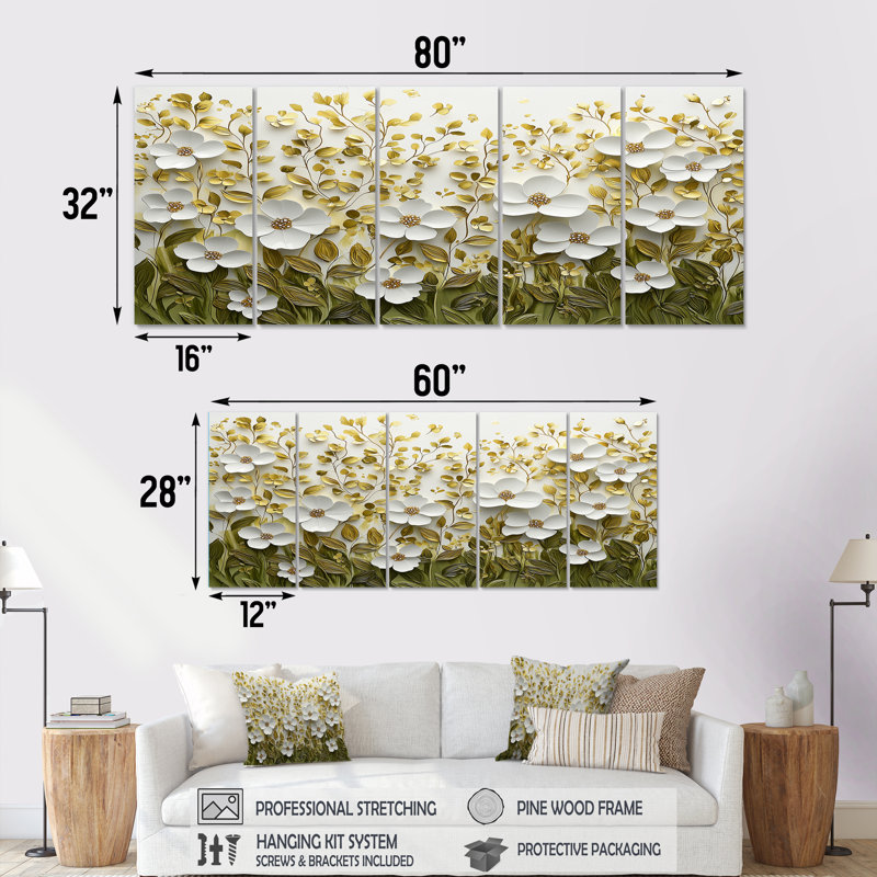 Bovey - Wildflowers Wall Art - Art mural traditionnel pour le salon, 5 pièces, H 32 po x l 80 po