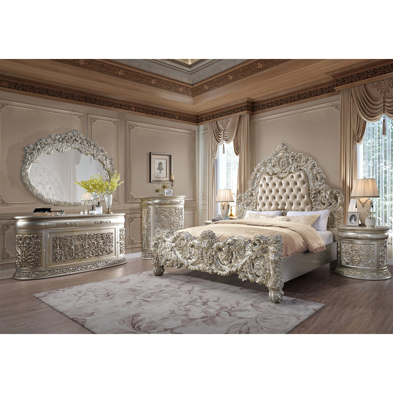 Sorina King Bed with Antique Gold Finish and Tufted Upholstered Headboard