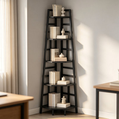 Étagère d'angle à cinq niveaux, bibliothèque étroite, idéale pour les petits espaces, présentoir de style industriel, parfait pour les salons, les chambres et les bureaux.
