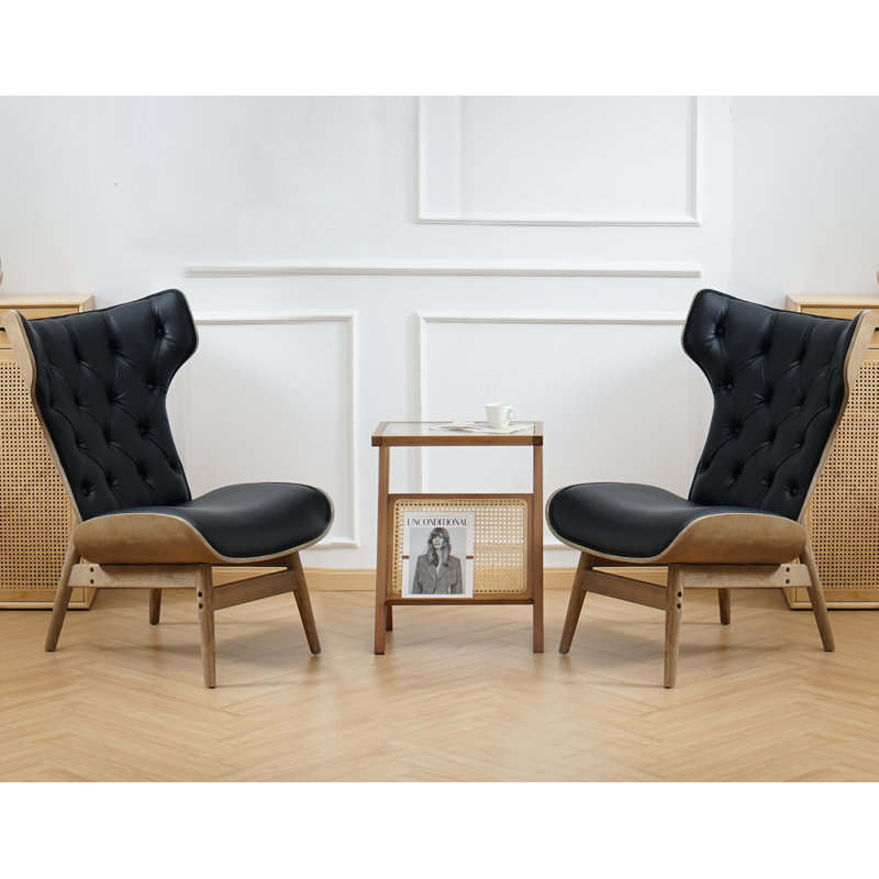 Lexey Upholstered Tufted Wingback Chair, Black Faux Leather