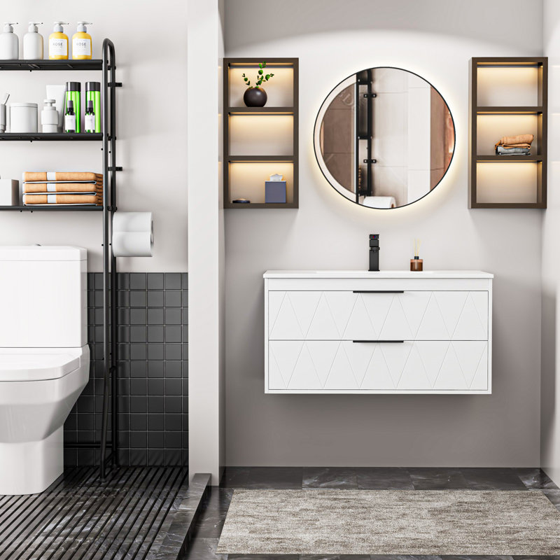 Base de meuble-lavabo simple 36 po fixée au mur seulement, armoire flottante avec tiroirs à fermeture en douceur, comptoir d'évier non inclus