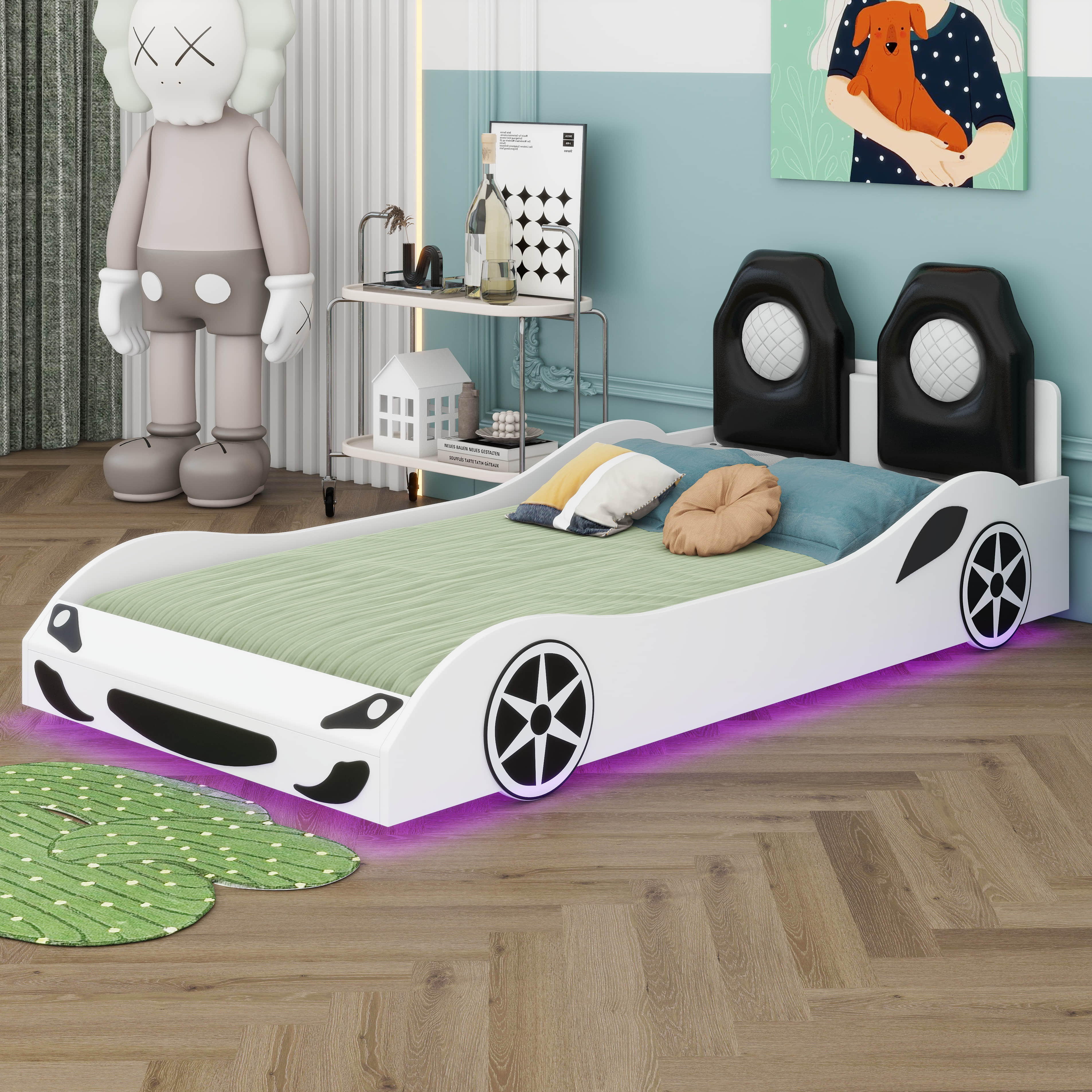 Dakota Fields Wood Twin Size Race CarShaped Platform Bed With LED And