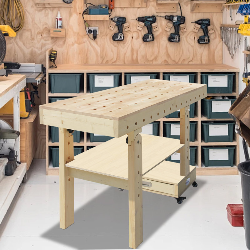 Foldable Workbench With Storage Drawer,Solid Wood Top