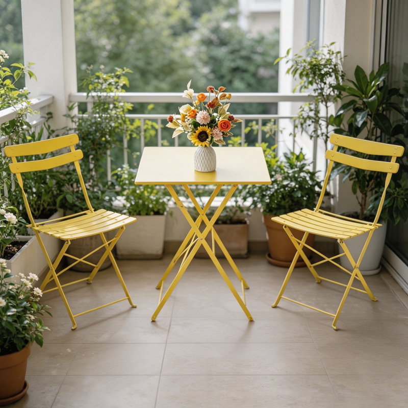 3 Piece Foldable Patio Bistro Set, Outdoor/Indoor Metal Table and Chairs Furniture, Compact Square Table with 2 Folding Chairs for Balcony, Porch, Garden, Apartment, Small Space, Yellow
