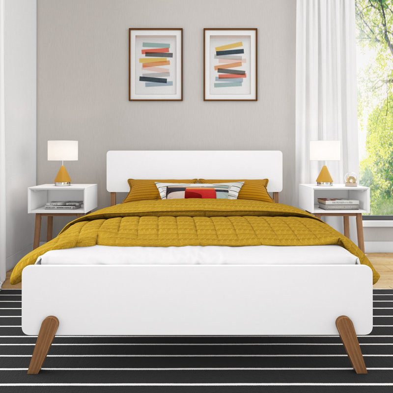 Mid-Century Modern Full-Size White and Pecan Wood Platform Bed