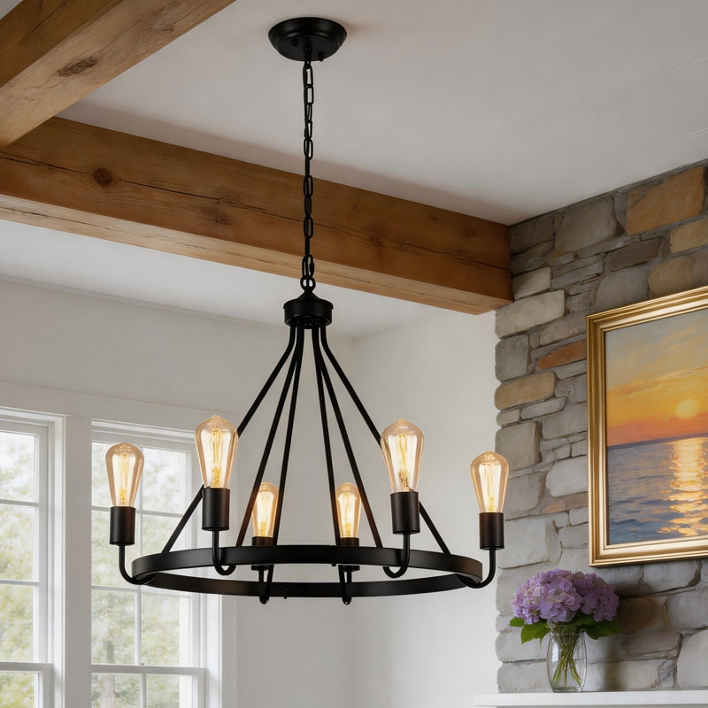 6- Light 26 inch Round Vintage Dimmable Candle Style Wagon Wheel Chandelier for Living Room, Foyer, Entryway, Matte Black