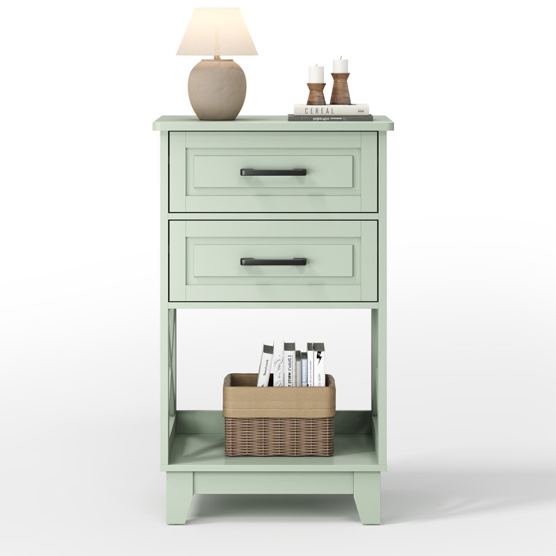 30" Tall Nightstand Modern Painted Wood Bedside Table With 2 Drawers And Open Shelf, Green