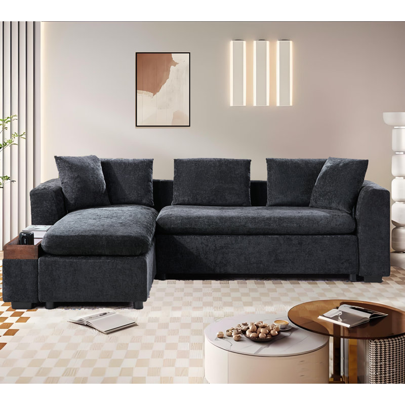 L-shaped Upholstered Sofa Couch With Wooden Storage Compartment And Throw Pillows, Black Chenille